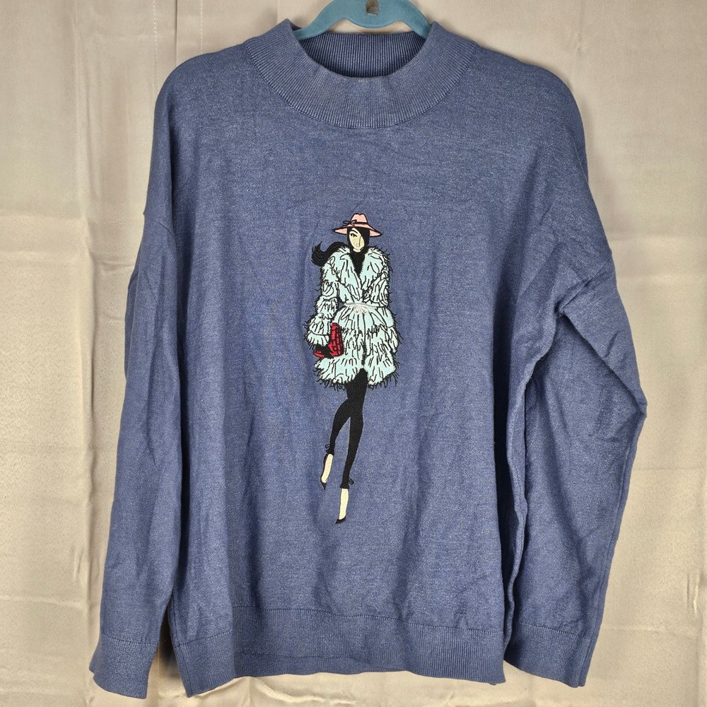 Gabby Isabella Womens Blue‎ Runway Model Mock Neck Sweater Large